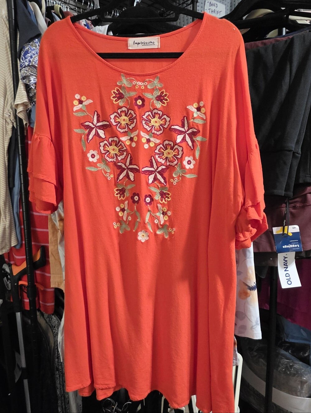 IMPRESSIONS Orange Embroidered Flutter Sleeve Top